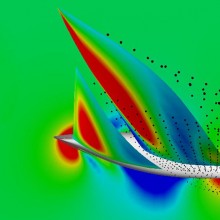 Simulation numérique d'un voilier. Les points modélisent la trajectoire des particules d'air.   UMR6598 Laboratoire de recherche en hydrodynamique, énergétique et environnement atmosphérique  20040001_0990